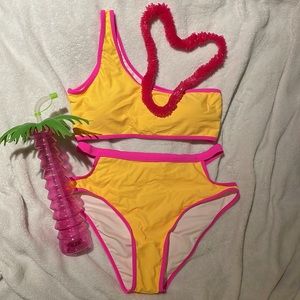Neon pink and yellow cut out bikini set